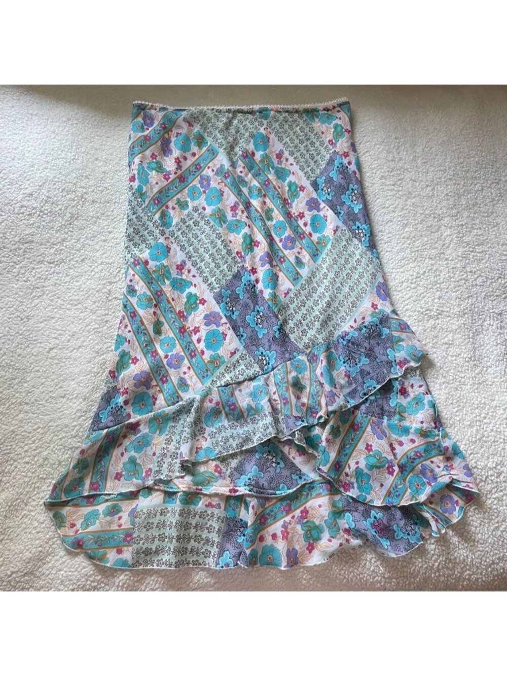 Y2K floral multi print maxi skirt with ruffle details